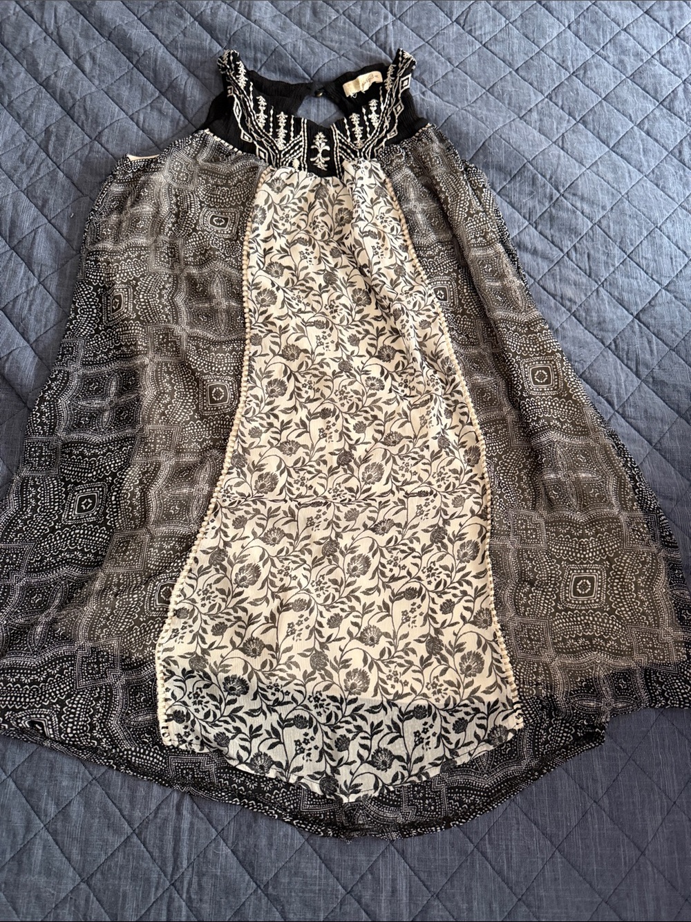 Free People Black & Cream Embroidered Boho Dress